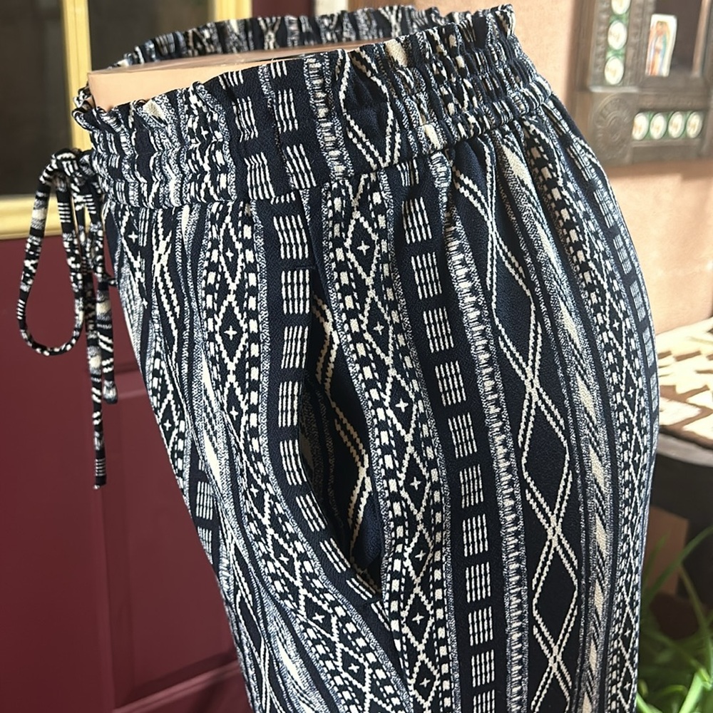 SOHO Wide Leg Trouser Drawstring Pants in Navy Blue and White Tribal Pattern - Picture 4 of 7